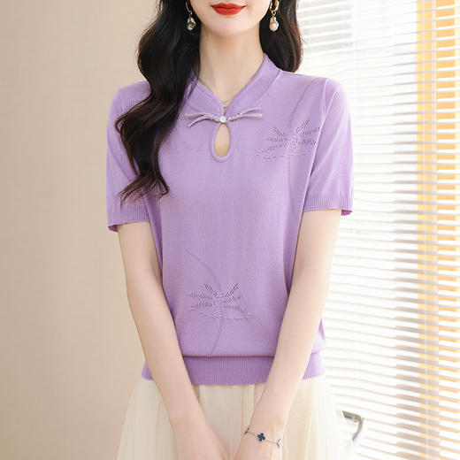 中式国风旗袍领上衣，冰丝短袖t恤天丝针织衫CC-103-17096 商品图2