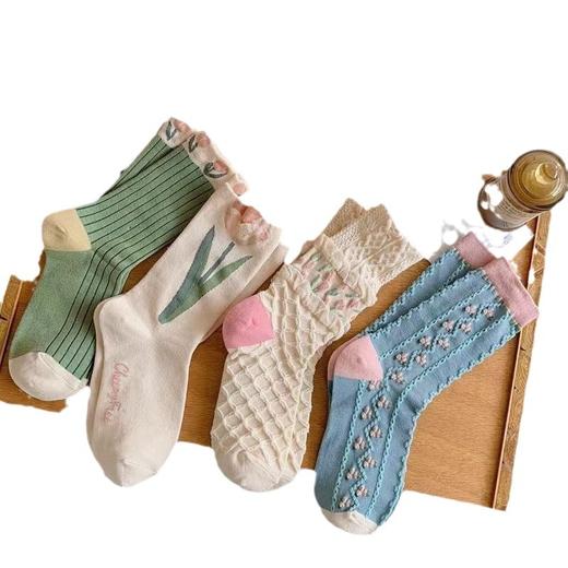 「4双装！森系奶油风」新款四季袜子 森系郁金香女士堆堆袜子花朵系列中长筒袜子女配饰 商品图3
