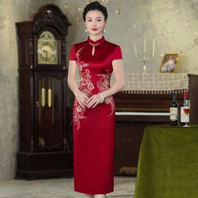 上海旗袍厂酒红色醋酸旗袍婚宴气质主持人年会礼服【9972】