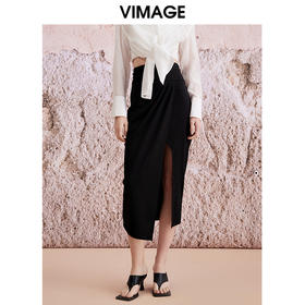 VIMAGE纬漫纪夏季新款不对称剪裁开叉包臀高腰气质半身裙V2106724