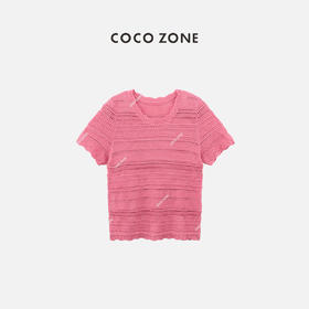 COCO ZONE2024”芝芝霉霉“设计感镂空短袖毛针织衫粉色圆领上衣CC1A0619