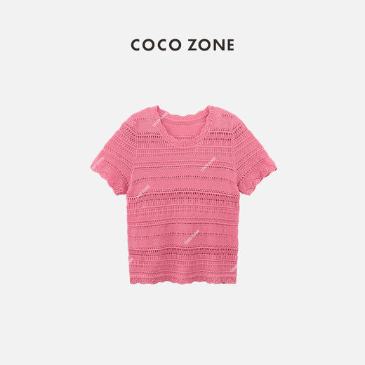 COCO ZONE2024”芝芝霉霉“设计感镂空短袖毛针织衫粉色圆领上衣CC1A0619 商品图0