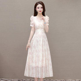 QYMOMS-PA475-L蝴蝶印花长款修身时尚大摆连衣裙24年夏款短袖方领收腰显瘦