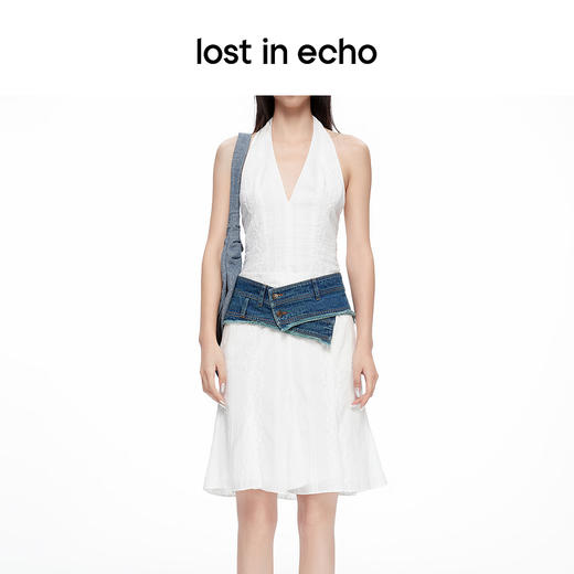 [断码]lost in echo2024春夏新品棉布刺绣挂脖白色上衣吊带牛仔短裙套装 商品图2