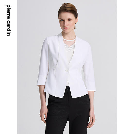 皮尔卡丹女装春季新款绿色白色长袖西服外套精致上衣C41UL04
 商品图0