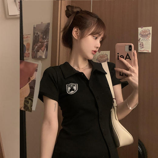 【细腻柔软亲肤，垂顺抗起球！】polo领连衣裙女夏季甜辣妹风，修身显瘦设计感小众小熊短袖包臀裙子-lm！ 商品图1