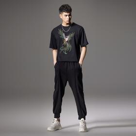 PINLI品立2024新中式夏季男士新款中国风凤凰烫钻圆领短袖T恤上衣BG242111048