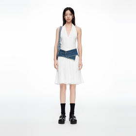 [断码]lost in echo2024春夏新品棉布刺绣挂脖白色上衣吊带牛仔短裙套装