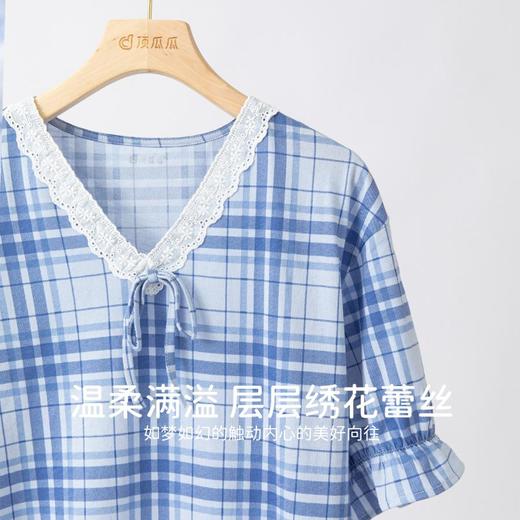 3部顶瓜瓜女士纯棉短袖千屿蓝格睡裙APW23251 商品图4