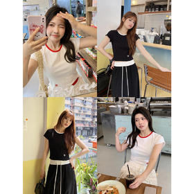 2024少女心思~侧下小刺绣撞色圆领正肩短袖T恤