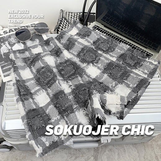 夏季【格纹流苏须边休闲短裤】时尚设计感 气质洋气高腰a字阔腿裤  商品图6