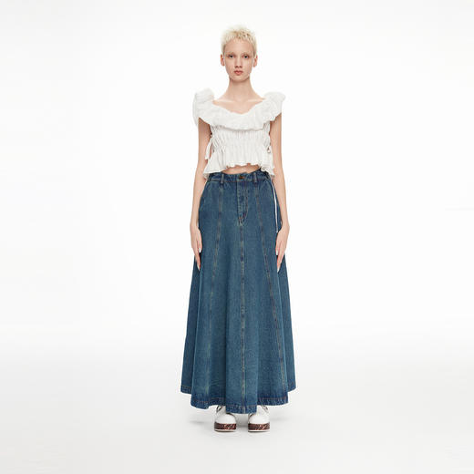 lost in echo2024春夏新品设计师款一字肩荷叶边白色上衣短袖T恤 商品图0