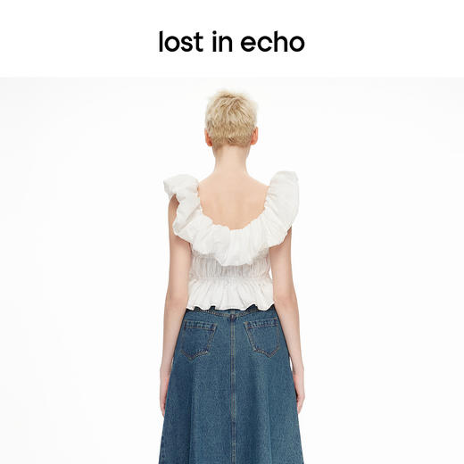 lost in echo2024春夏新品设计师款一字肩荷叶边白色上衣短袖T恤 商品图3