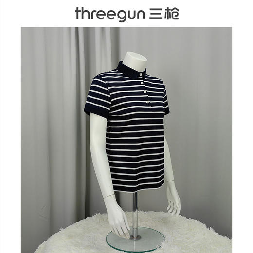 Threegun三枪 【丝柔棉】条纹珠地翻领短袖女士T恤衫-10510A011 商品图4