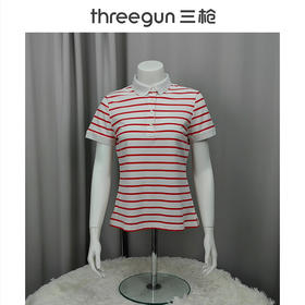 Threegun三枪 【丝柔棉】条纹珠地翻领短袖女士T恤衫-10510A011