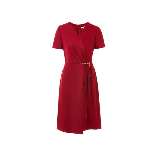 皮尔卡丹女装春季新款短袖V领藏蓝色红色气质连衣裙C41DS06
 商品图3