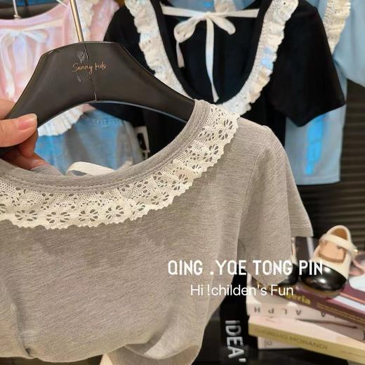 【网红款39.9/2件】女童闭眼入网红款女童花边短袖T恤衫女宝小露背上衣童装聚 商品图5