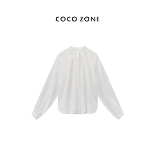 COCO ZONE"南一”复古设计感镂空插肩袖立领衬衫纯色单排扣上衣CC1B0970 商品图0