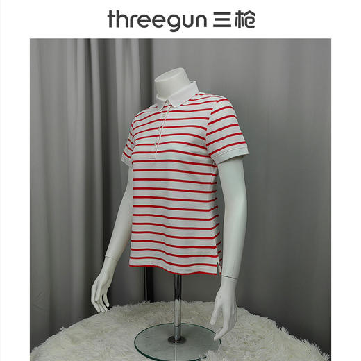 Threegun三枪 【丝柔棉】条纹珠地翻领短袖女士T恤衫-10510A011 商品图1