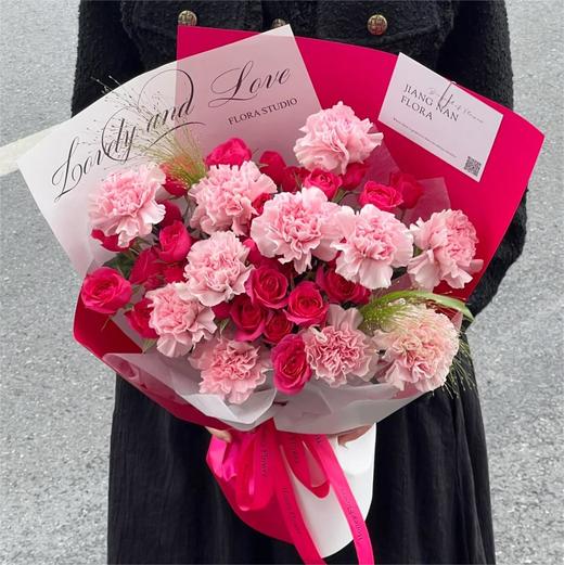 依恋--玫瑰康乃馨混搭玫红色系混搭花束 商品图0