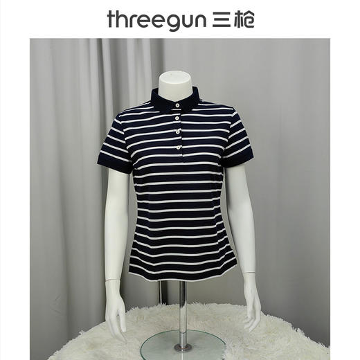Threegun三枪 【丝柔棉】条纹珠地翻领短袖女士T恤衫-10510A011 商品图3