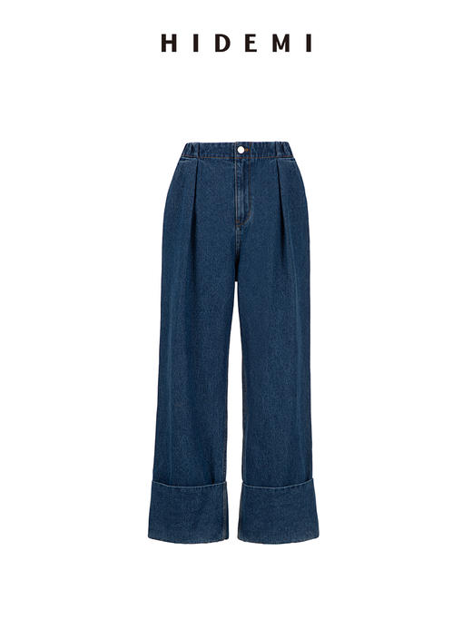 HIDEMI 牛仔蓝水洗感压褶阔腿宽边休闲感牛仔裤阔腿裤 商品图7