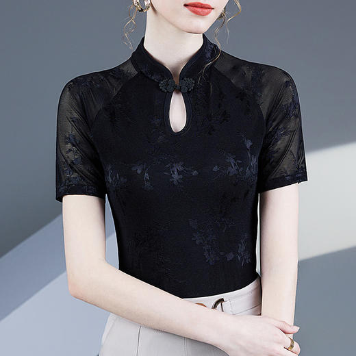 新中式半高领短袖小衫网纱提花T恤LA43907 商品图1