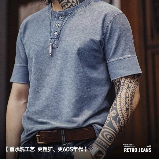 【马登】美式复古OG针织牛仔亨利衫阿美咔叽做旧硬汉短袖T恤男夏 商品图3
