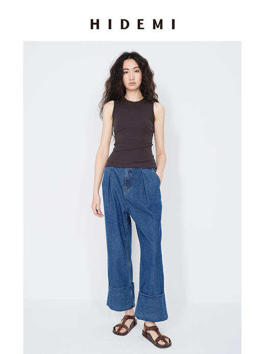 HIDEMI 牛仔蓝水洗感压褶阔腿宽边休闲感牛仔裤阔腿裤 商品图6