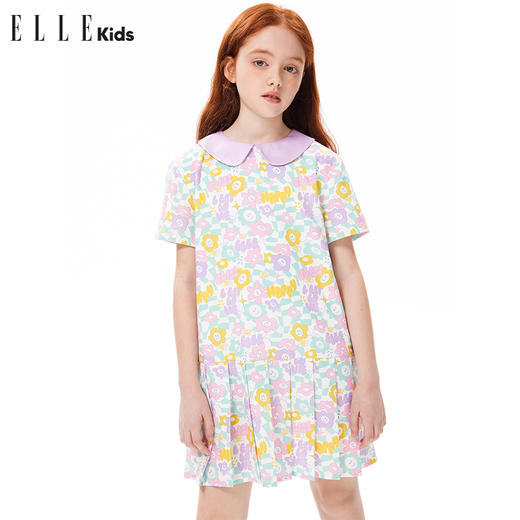 ELLEKIDS 童装 数码满印花朵娃娃领压褶连衣裙 商品图0