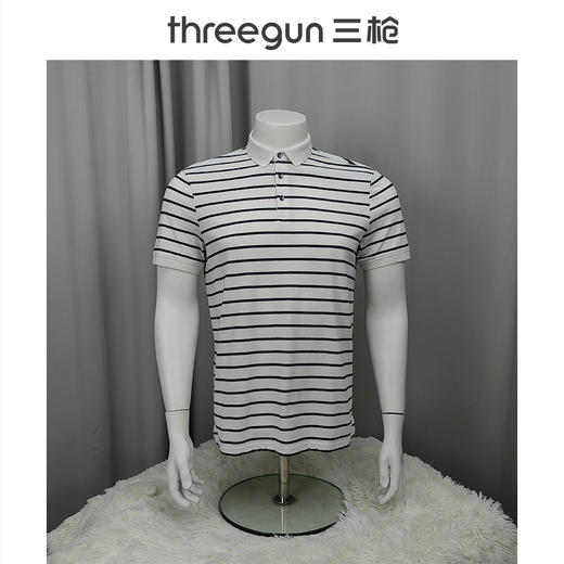 Threegun三枪 【丝柔棉】条纹珠地翻领短袖男士T恤衫-10511A011 商品图0