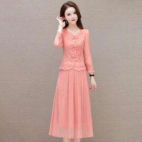 国风中式复古长袖小衫，高腰半身裙纯色两件套裙QYM-LRX-1722450-Y