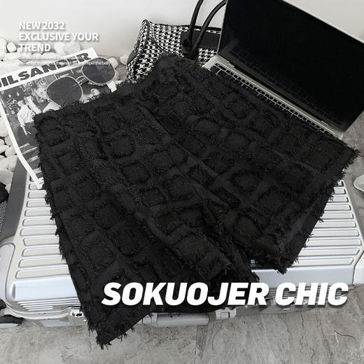 夏季【格纹流苏须边休闲短裤】时尚设计感 气质洋气高腰a字阔腿裤  商品图7