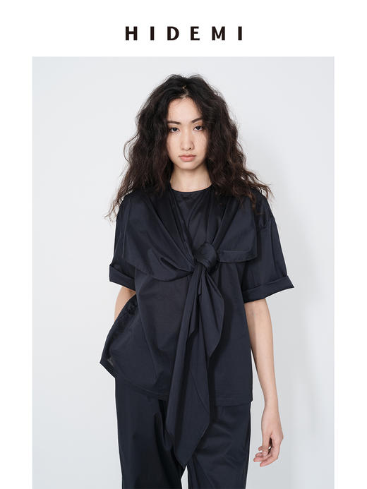 HIDEMI 小飞侠系列极简丝巾堆叠立体剪裁中袖清透感上衣阔腿裤套装 商品图6