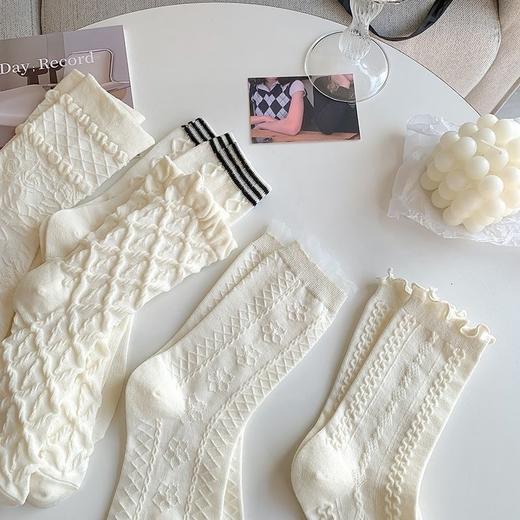 「19.9到手5双！白色jk袜」女中筒袜ins潮制服花边袜可爱堆堆袜纯色长袜配饰 商品图0
