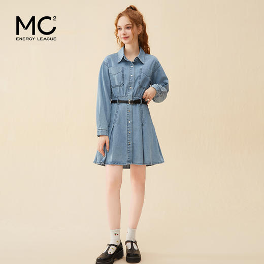 mc2蓝色牛仔连衣裙女2024春秋款复古风收腰显瘦长袖牛仔裙小个子 商品图2