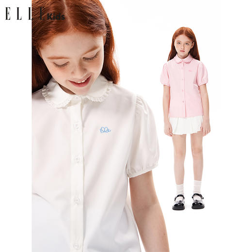 ELLEKIDS 童装 柔软薄荷垂感法式优雅娃娃领花边短袖衬衫 商品图0