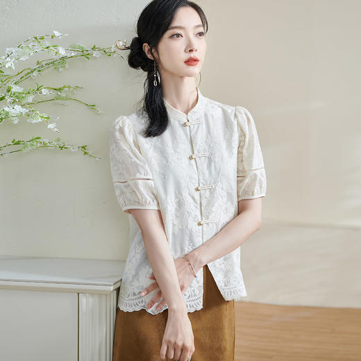 米思阳2025夏季新款新国风复古莱赛尔衬衫绣花花边设计衬衣女1675 商品图3