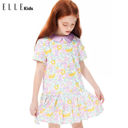 ELLEKIDS 童装 数码满印花朵娃娃领压褶连衣裙 商品图1