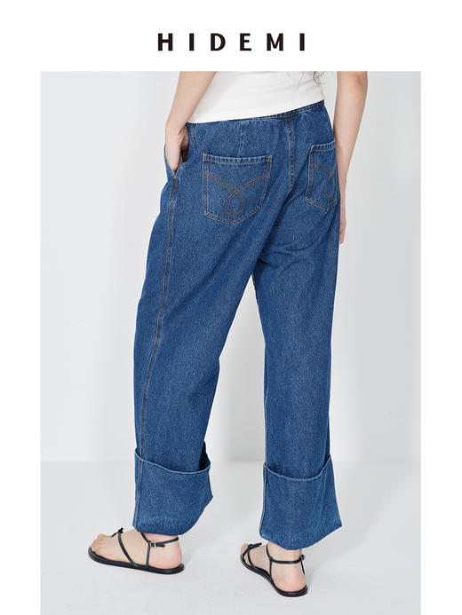 HIDEMI 牛仔蓝水洗感压褶阔腿宽边休闲感牛仔裤阔腿裤 商品图2