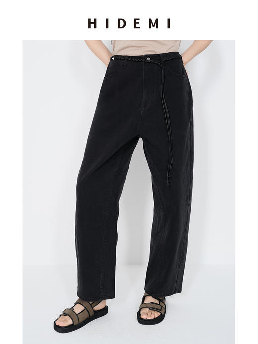 HIDEMI 【当当同款】做旧水洗棉羊腿茧型感牛仔裤长裤 军绿色/碳黑色 商品图6