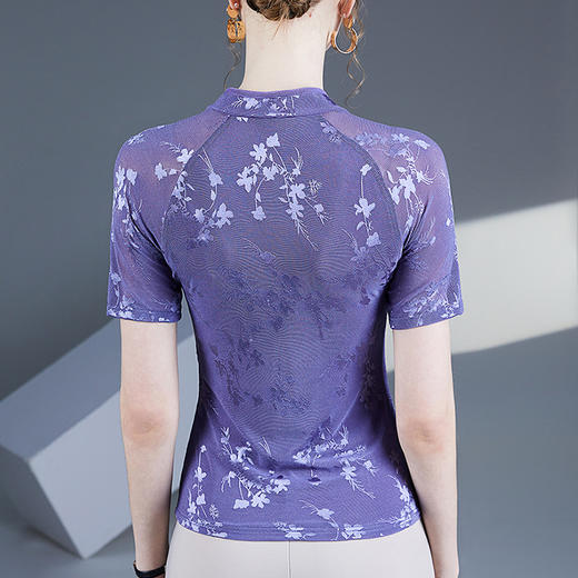 新中式半高领短袖小衫网纱提花T恤LA43907 商品图3