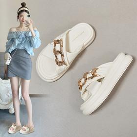 ZHR宽版圆头高颜值外出拖鞋女款超软时尚链条厚底轻盈设计凉拖女