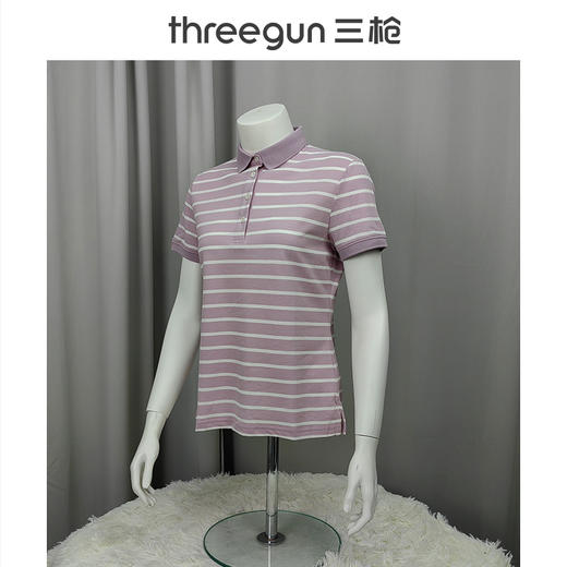 Threegun三枪 【丝柔棉】条纹珠地翻领短袖女士T恤衫-10510A011 商品图10