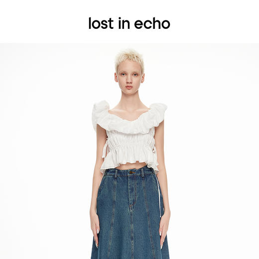 lost in echo2024春夏新品设计师款一字肩荷叶边白色上衣短袖T恤 商品图2