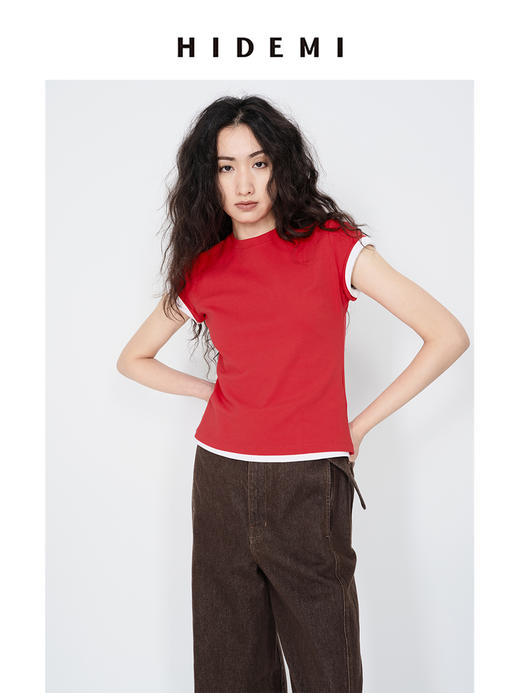 HIDEMI 【赵露思同款】圆领极简弹力自然棉短袖T恤 红色/黑色/碳灰/雾霾灰/白色 商品图8