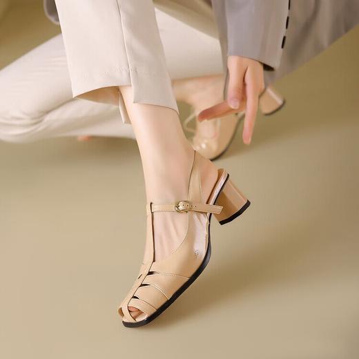 【预售5天】里外全皮简约百搭粗中跟方头，镂空牛皮包头后空凉鞋MBJR&812 商品图4