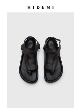 HIDEMI 极简夹脚设计感牛皮乌木棕厚底凉鞋