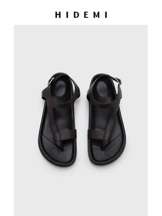HIDEMI 极简夹脚设计感牛皮乌木棕厚底凉鞋 商品图0