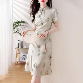 AHM-9757新中式国风竹叶旗袍裙夏季新款时尚复古立领收腰显瘦连衣裙